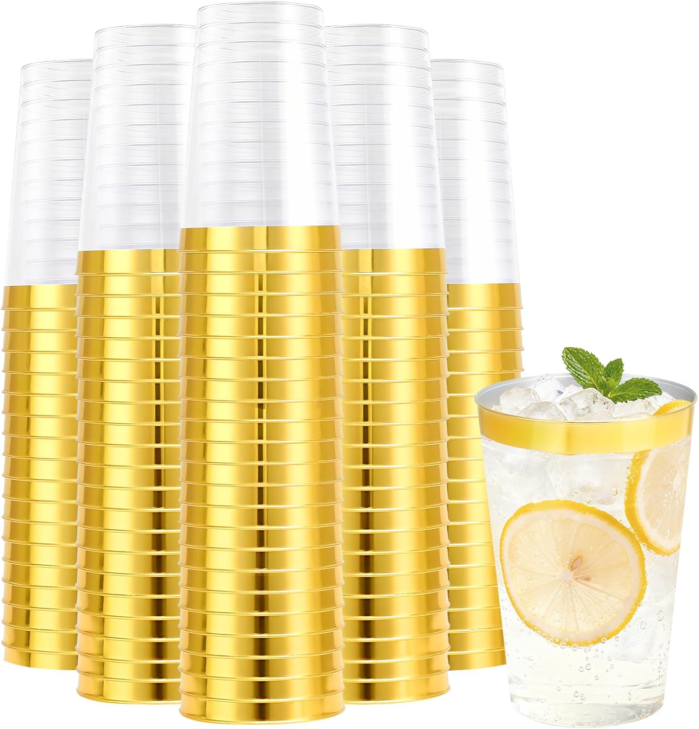 100 Pack 12 oz Gold Plastic Cups, Disposable Clear Plastic Cups for Cocktail Party With Heat Resistance (12oz 100count Gold)