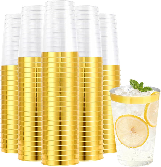 100 Pack 12 oz Gold Plastic Cups, Disposable Clear Plastic Cups for Cocktail Party With Heat Resistance (12oz 100count Gold)