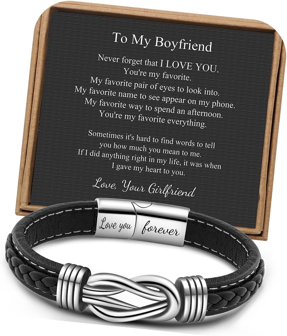 𝗞𝗻𝗼𝘁 𝗕𝗿𝗮𝗰𝗲𝗹𝗲𝘁 𝗚𝗶𝗳𝘁𝘀 𝗳𝗼𝗿 𝗠𝗲𝗻 Brown Braided Leather Stainless Steel Infinity Bracelets Lettering Love You Forever Gifts for Son Grandson Husband Boyfriend Brother Always Linked Together