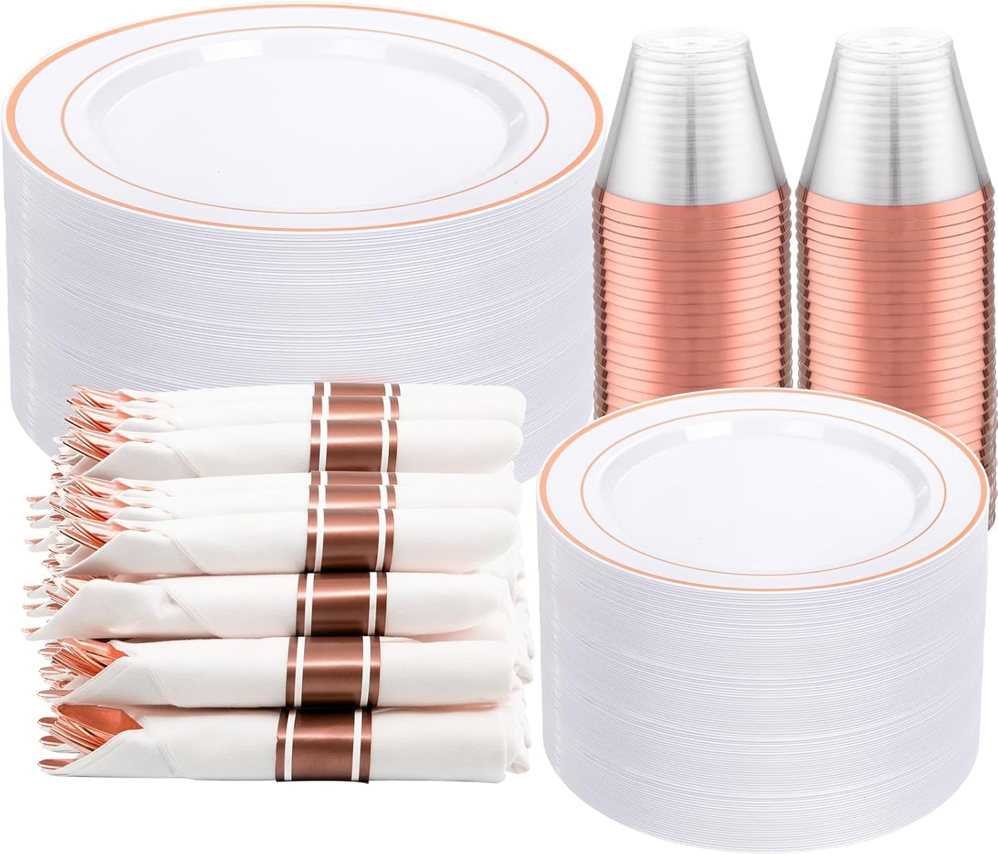DaYammi 350PCS Rose Gold Plastic Dinnerware Set for 50 Guests, Plastic Plates for Party Include: 50 Dinner Plates, 50 Dessert plates,50 Pre Rolled Napkins with Rose Gold Silverware,50 Cups for Wedding