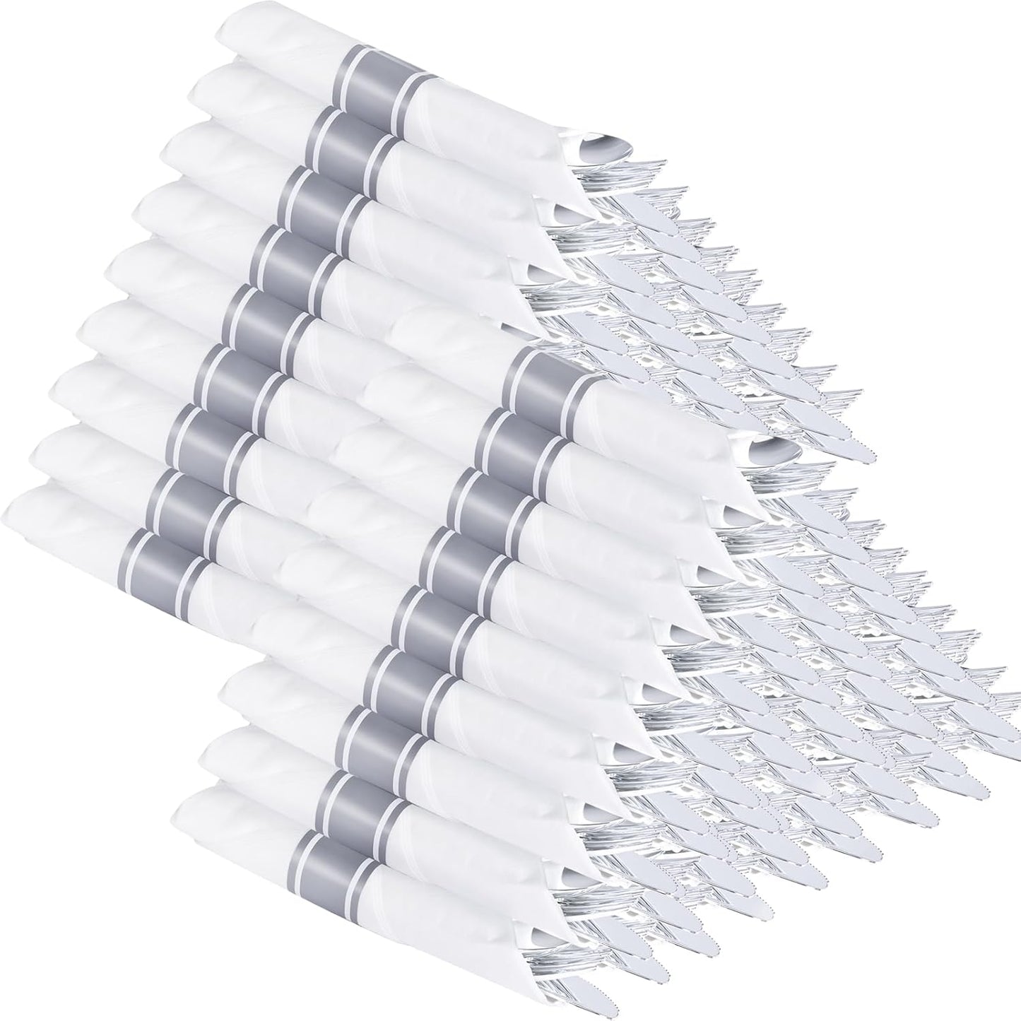 Supernal 100 Pack Silver Plastic Silverware Pre Rolled Silverware Set Disposable Cutlery Set Includes 100 Forks,100 Spoons,100 Knives and 100 Napkins,Plastic Utensils for Party,Wedding,Birthday