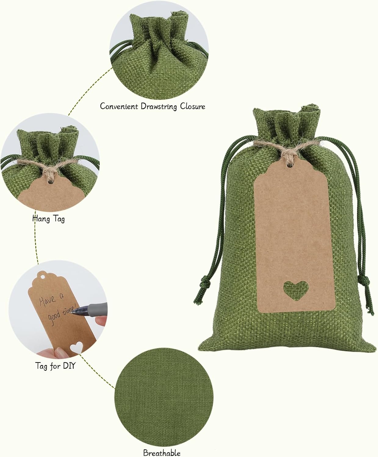 Tapleap Green Small Gift Bags with Drawstring - 30Pcs 4x6 Burlap Sacks for Wrapping Christmas or Thanksgiving Favors, Soap, Jewelry, Crosses Games, Marble Sets, For Small Business, Birthday, Wedding