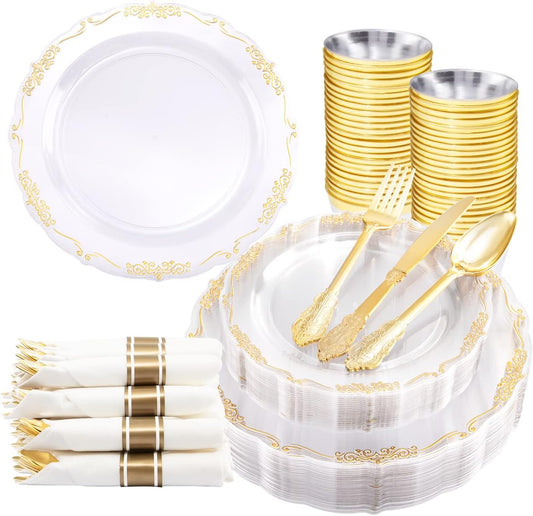 U-QE 175 Pieces Gold Plastic Plates and Napkins Party Supplies - Clear and Gold Dinnerware Set 25 Guest - 25 Dinner Plates, 25 Dessert Plates, 25 Per Rolled Napkins with Cutlery, 25 Cups 9 OZ