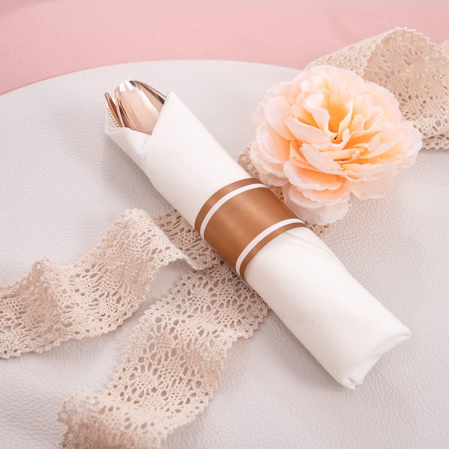 NOCCUR 350PCS Rose Gold Plastic Plates - Clear Rose Gold Disposable Dinnerware Set - Include 100 Dinner/Dessert Plates,50 Cups,50 Pre Rolled Napkins with Cutlery Set - Ideal for Party&Wedding