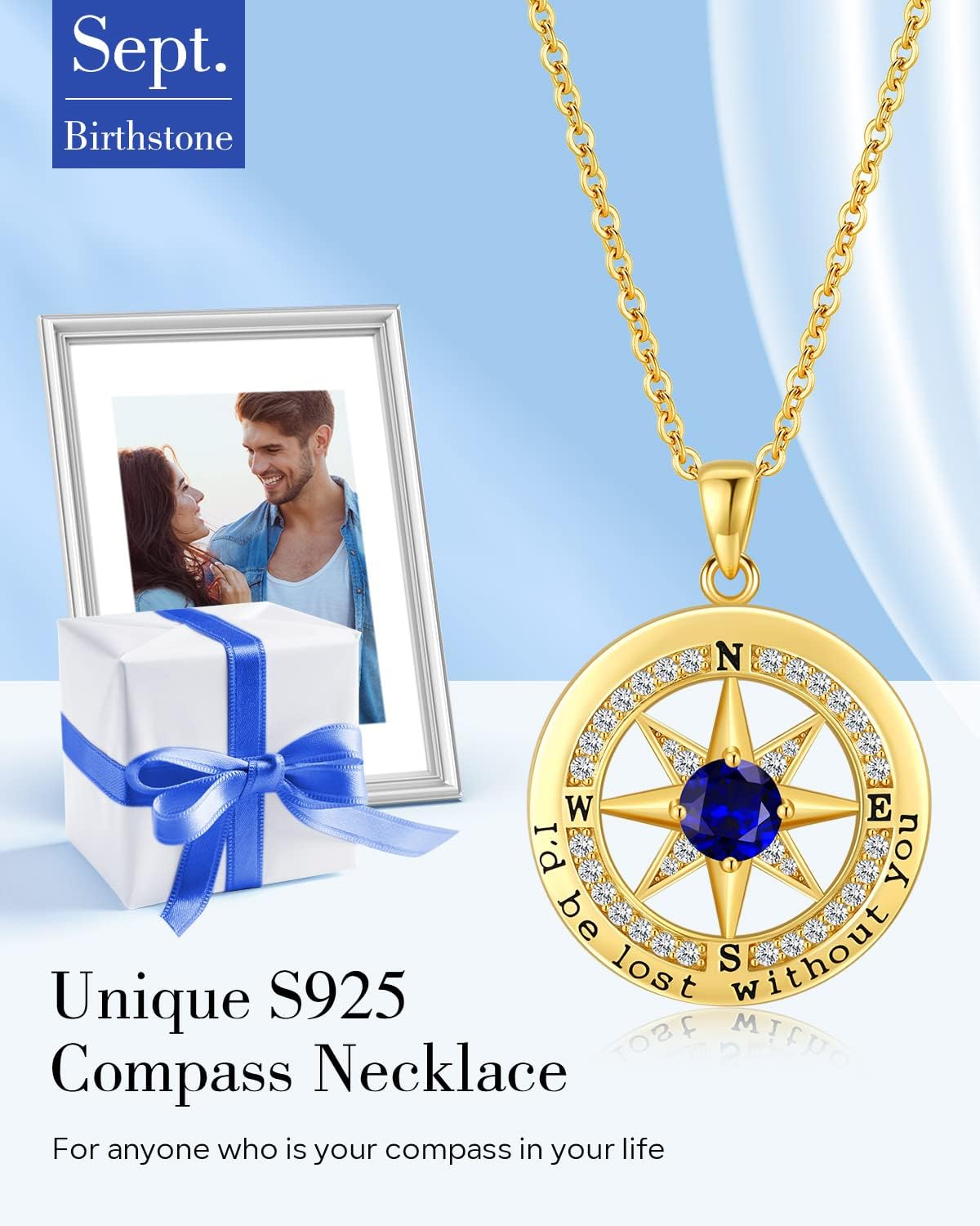 S925 Necklace Gift for Wife |Compass Jewelry |Women Anniversary |Sterling Silver |Girlfriend Birthday Gifts for Her Valentines |I'd be Lost without You |Jewel 18K Gold