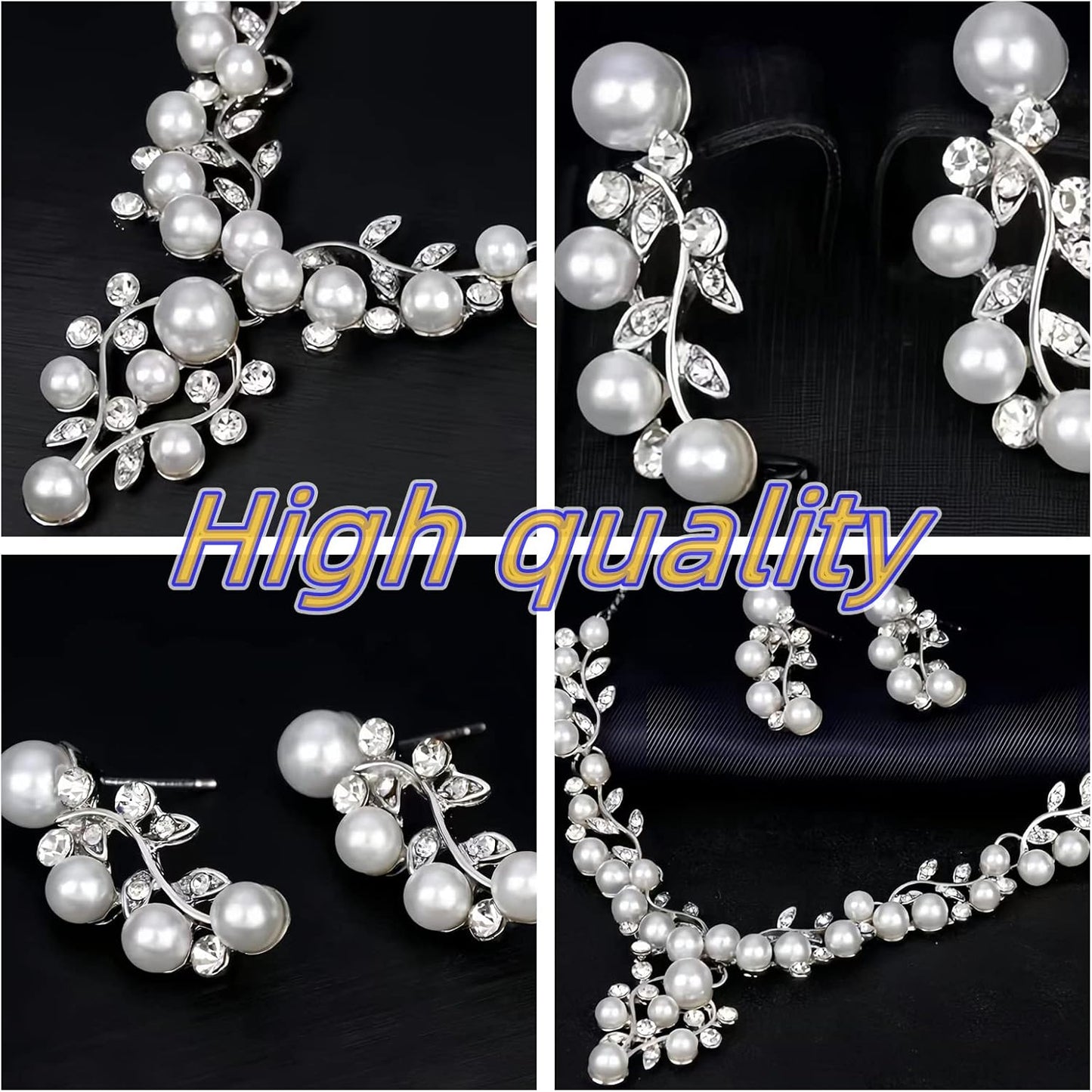 la luen Pearl Bride Wedding Jewelry Set Faux Pearls Crystal Rhinestone Necklace Earrings Bracelet Sets for Women Bridesmaid(3 PCS)