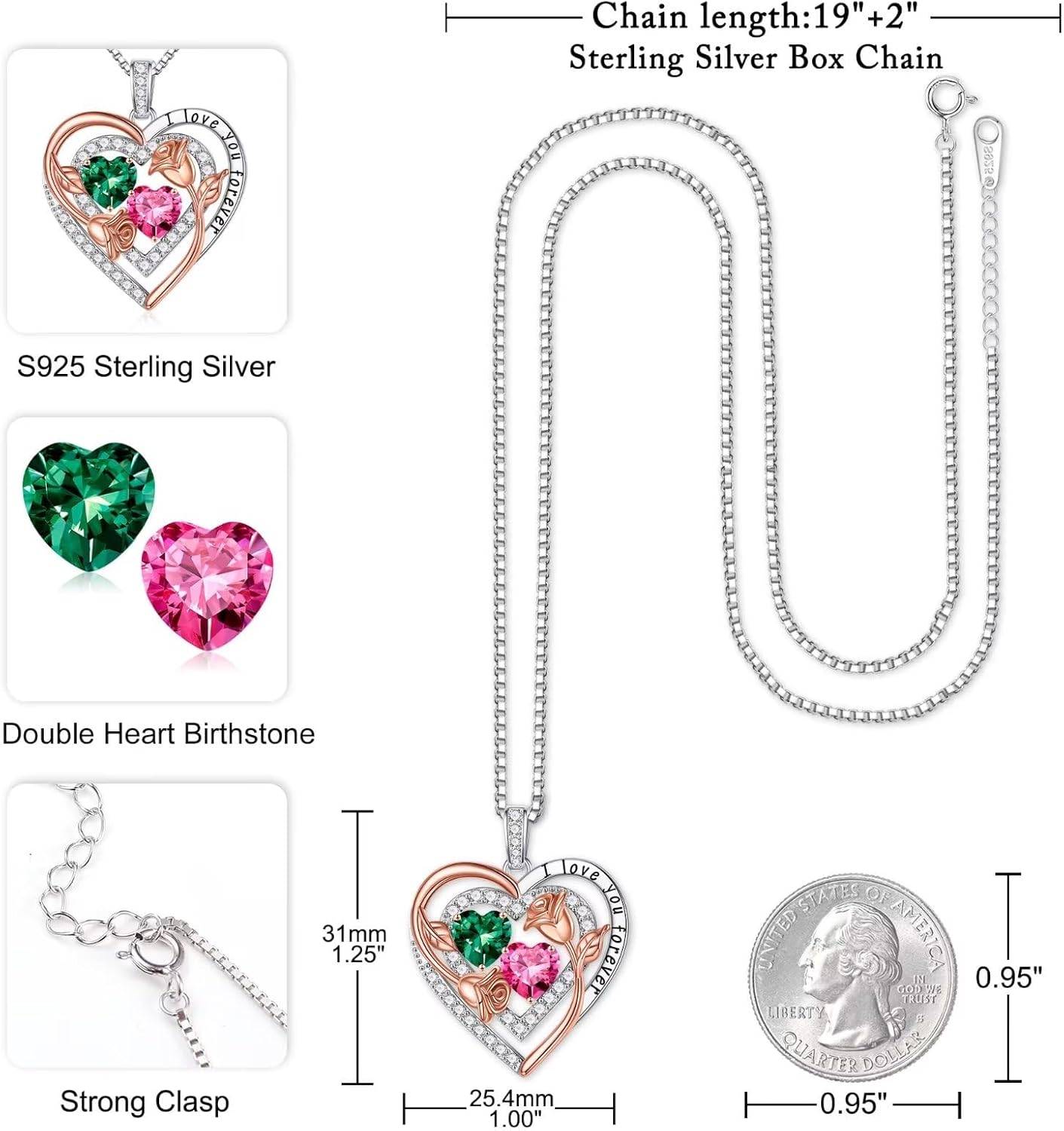 Iefil Birthstone Necklace for Women - Sterling Silver Birthstone Necklace Anniversary Birthday Gifts for Her Wife Mom Daughter