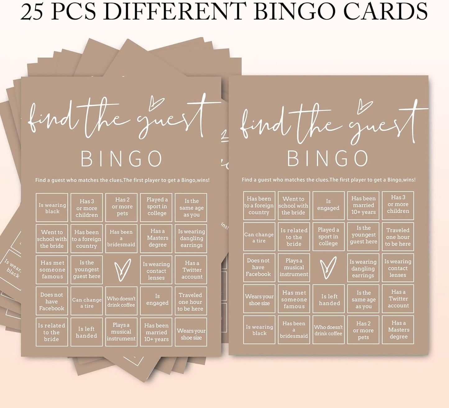 Bridal Shower Games Cards, 25Pcs Prefilled Find The Guest Bingo Game Cards, Engagement Party Games for Guests, Minimalist Brown Wedding Party Supplies - D19