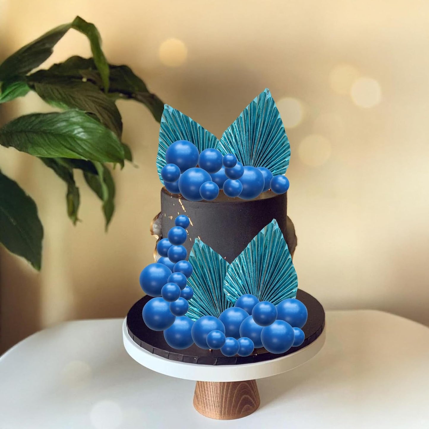 Ephlyn 28Pcs Paper Palm Fan Cake Topper Balls Cake Pick for Baby Shower Wedding Bridal Shower Birthday Party DIY Party Cake Decorations Supplies Dark Blue