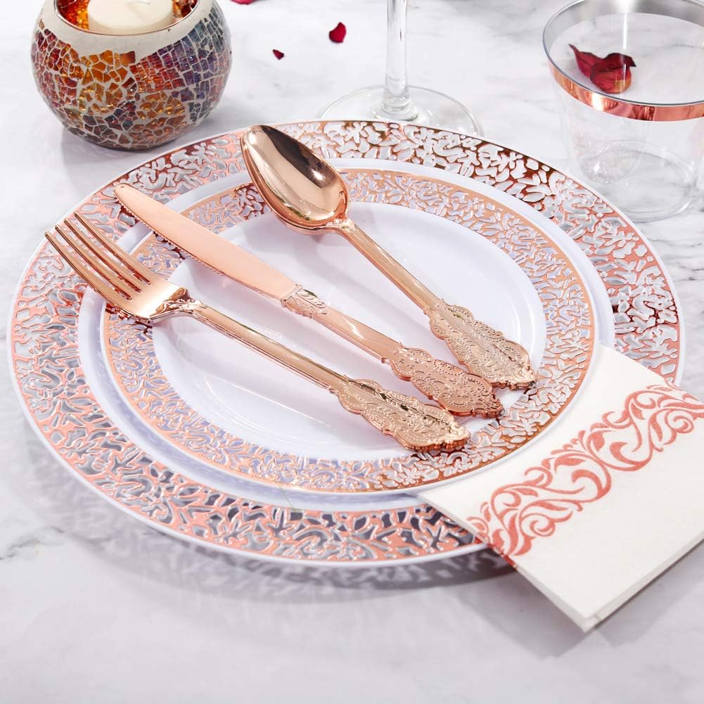 bUCLA 350PCS Rose Gold Plastic Plates With Disposable Silverware & Napkins - Rose Gold Rim Plastic Dinnerware Set Lace Design for Wedding, Party & Mother’s Day