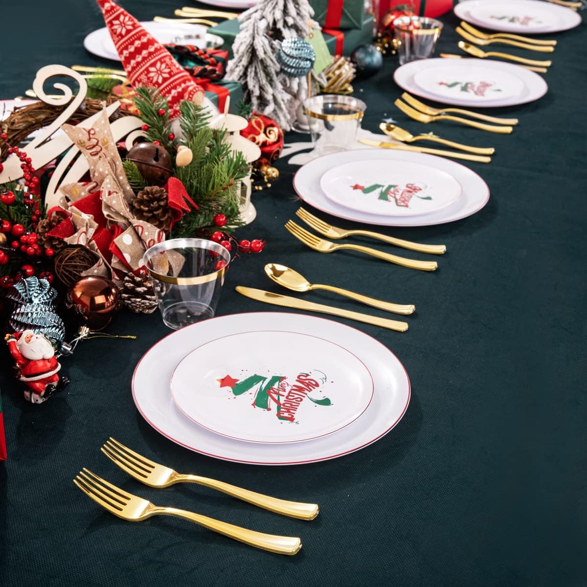 KIRE 25 Guest Christmas Plates - White & Green Tree Plastic Plates & Gold Disposable Utensils & Clear Gold Cups for Christmas Parties