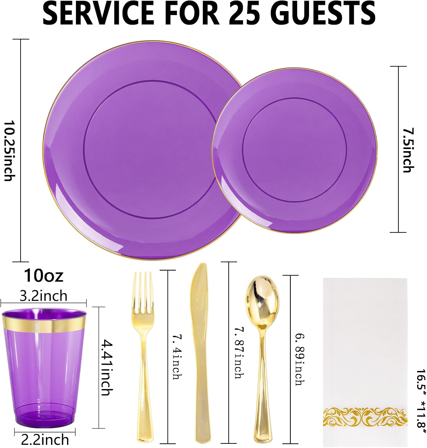 YOUBET 175PCS Purple Plastic Plates - Purple and Gold Disposable Plates Include 50 Plate, 75 Silverware, 25 Cups, 25 Napkins for Wedding & Party