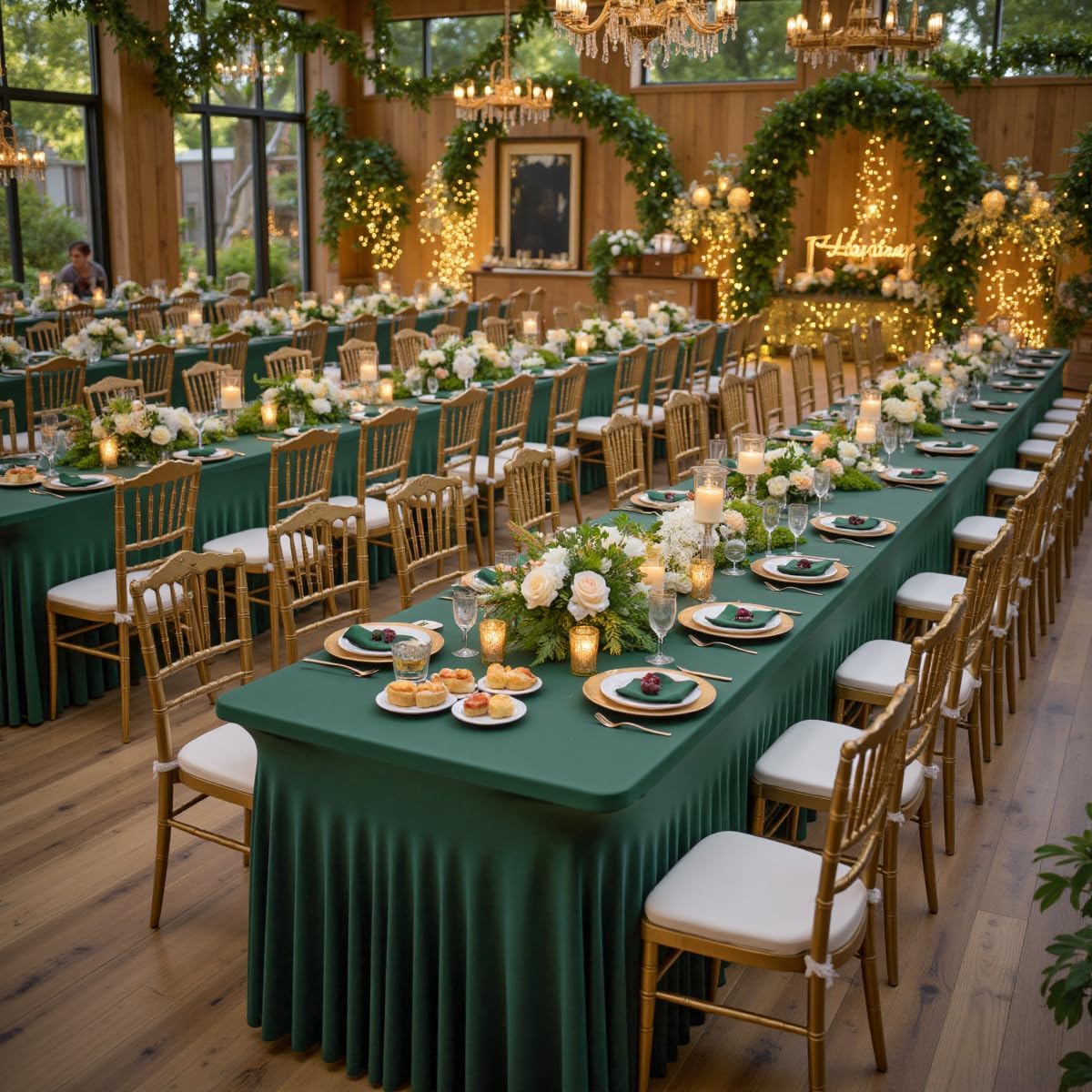 4 Pack Hunter Green Spandex Tablecloths for 8 Foot Rectangle Tables, Wrinkle Free Fitted Table Cloths 8ft Stretchy Table Cloth Cover with Skirt for Parties Weddings Birthday Banquet Baby Shower