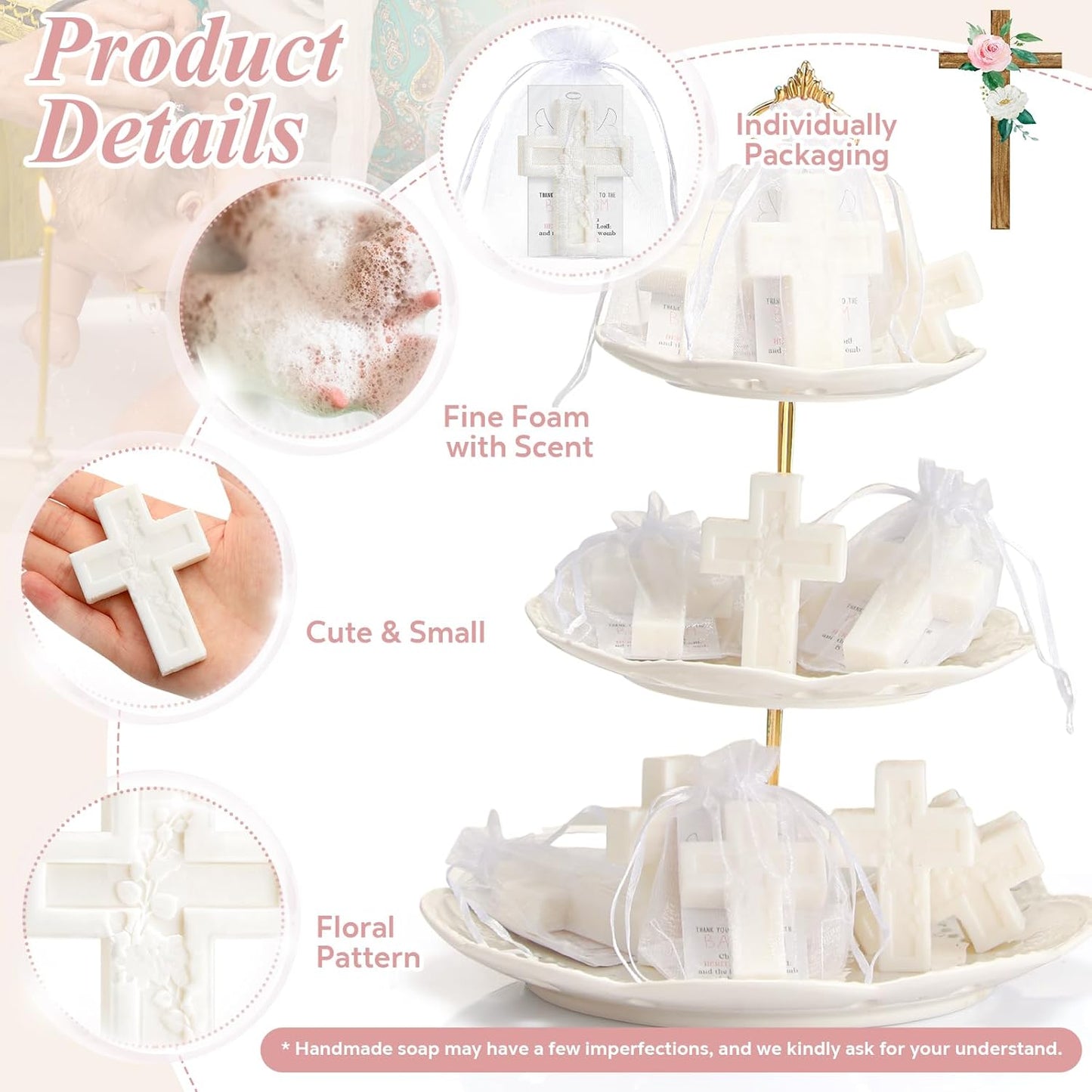 20 Pack Baptism Favors for Guests Cross Soap Baby Shower Scented Soap Favors with Greeting Cards Organza Bag Christening Communion Baptism Party Gift for Guests Party Gender Reveal