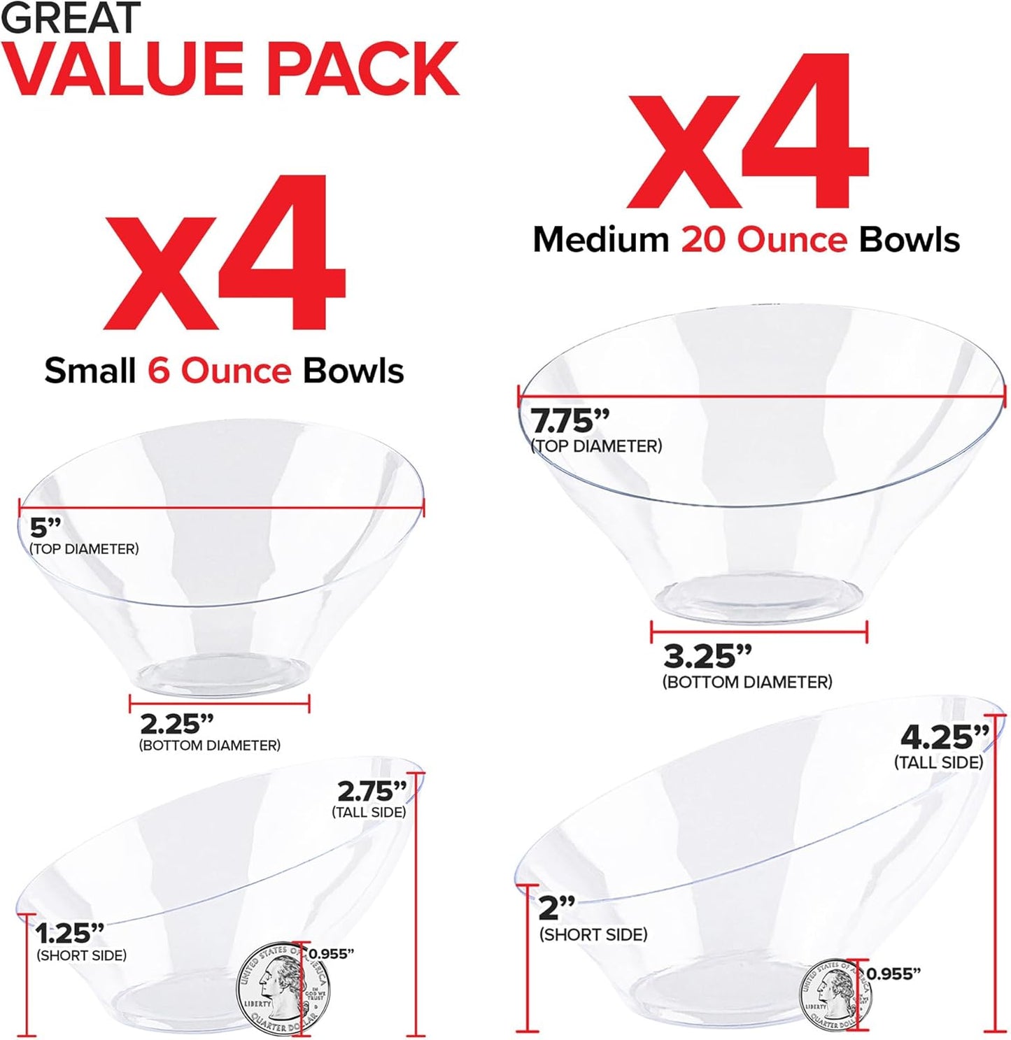 Multi-Pack Clear Plastic Serving Bowls (8 Pack) 4 x 6oz Small Disposable Candy Dishes, 4 x 20oz Medium Buffet Containers, Chips, Popcorn, Snacks, Salad Bar, Parties, Bridal Shower, Party Supplies