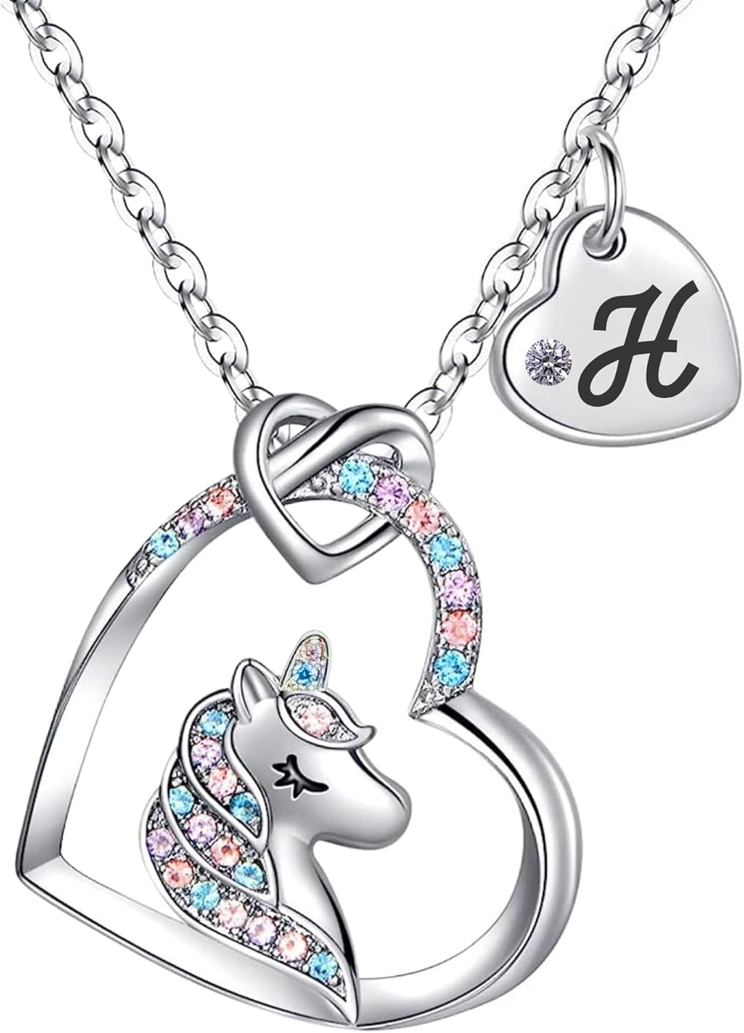 Unicorn Necklace for Girls Kids with Personalized Initial Heart Pendant, 18K Gold Fashion Jewelry for Girls, Colorful Heart Necklace for Birthday Gifts.