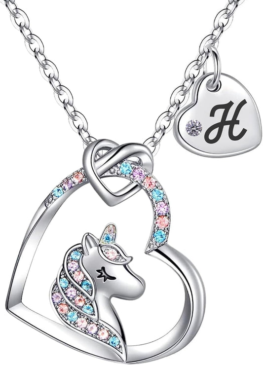 Unicorn Necklace for Girls Kids with Personalized Initial Heart Pendant, 18K Gold Fashion Jewelry for Girls, Colorful Heart Necklace for Birthday Gifts.