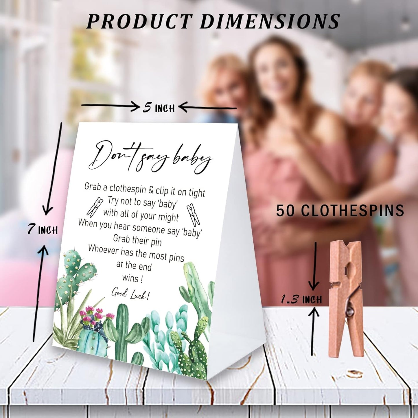 Don't Say Baby Game For Baby Shower Clothespin Game, One 5x7 Coated Paper Sign And 50 Natural Clothespins, Tropical Cactus Theme, Gender Neutral -NDSBB18