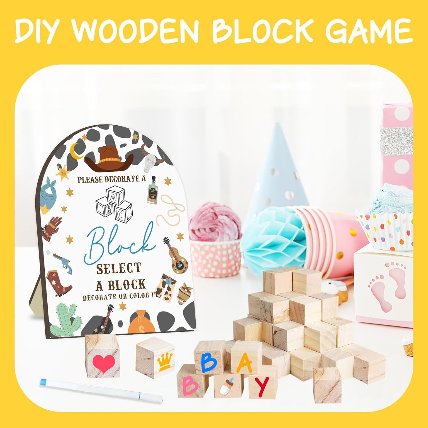 Cowboy Baby Shower Games Kit, Wild Western Baby Shower Decor, Cowboy Babies Games with 50 Blank Wooden Blocks, 24 Acrylic Paint Marker and Wooden Sign, Wild Western Games Blocks Sign for Boys Girls