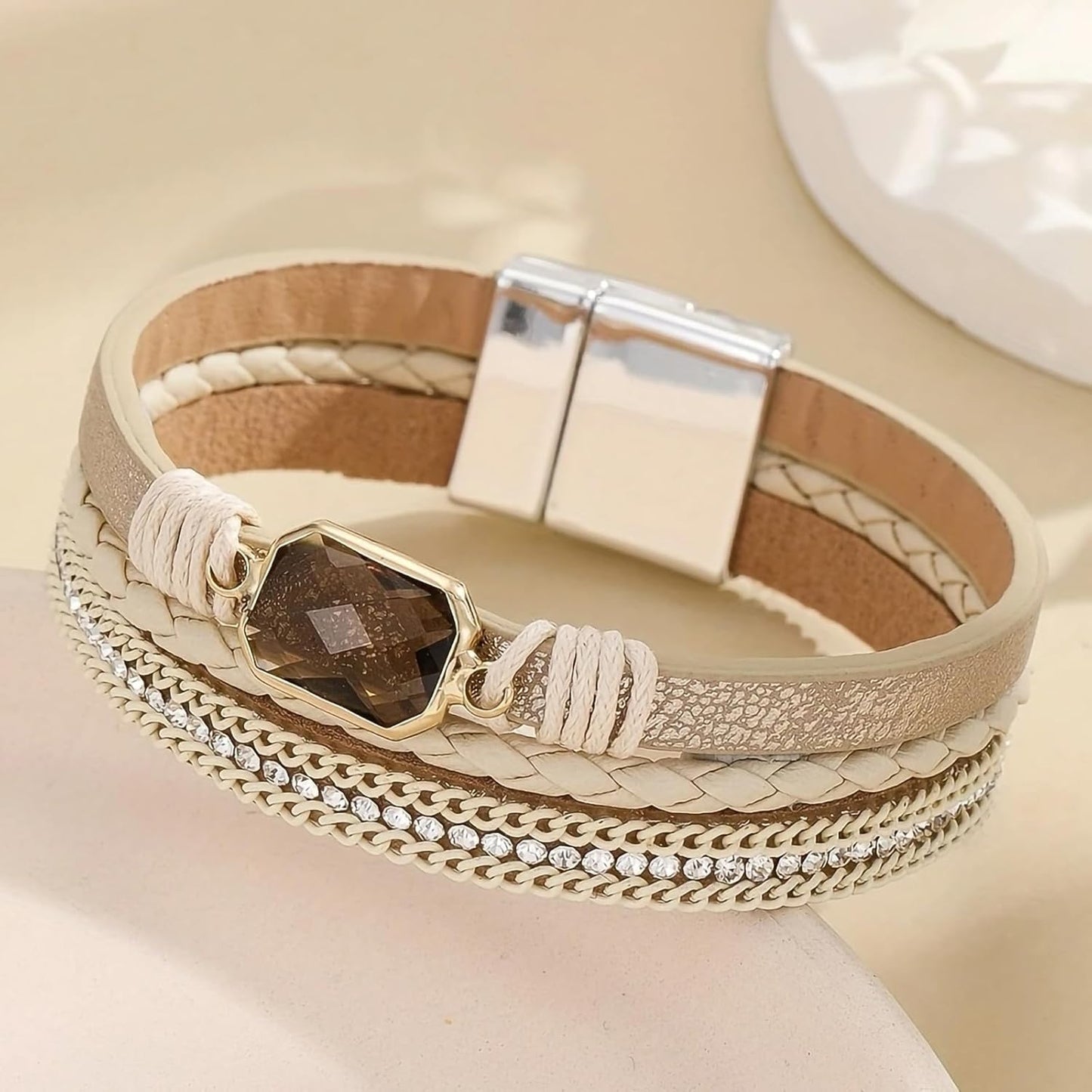 Fesciory Leopard Bracelet for Women, Boho Leather Wrap Multi-Layer Pearl Crystal Bracelet Bangle Jewelry