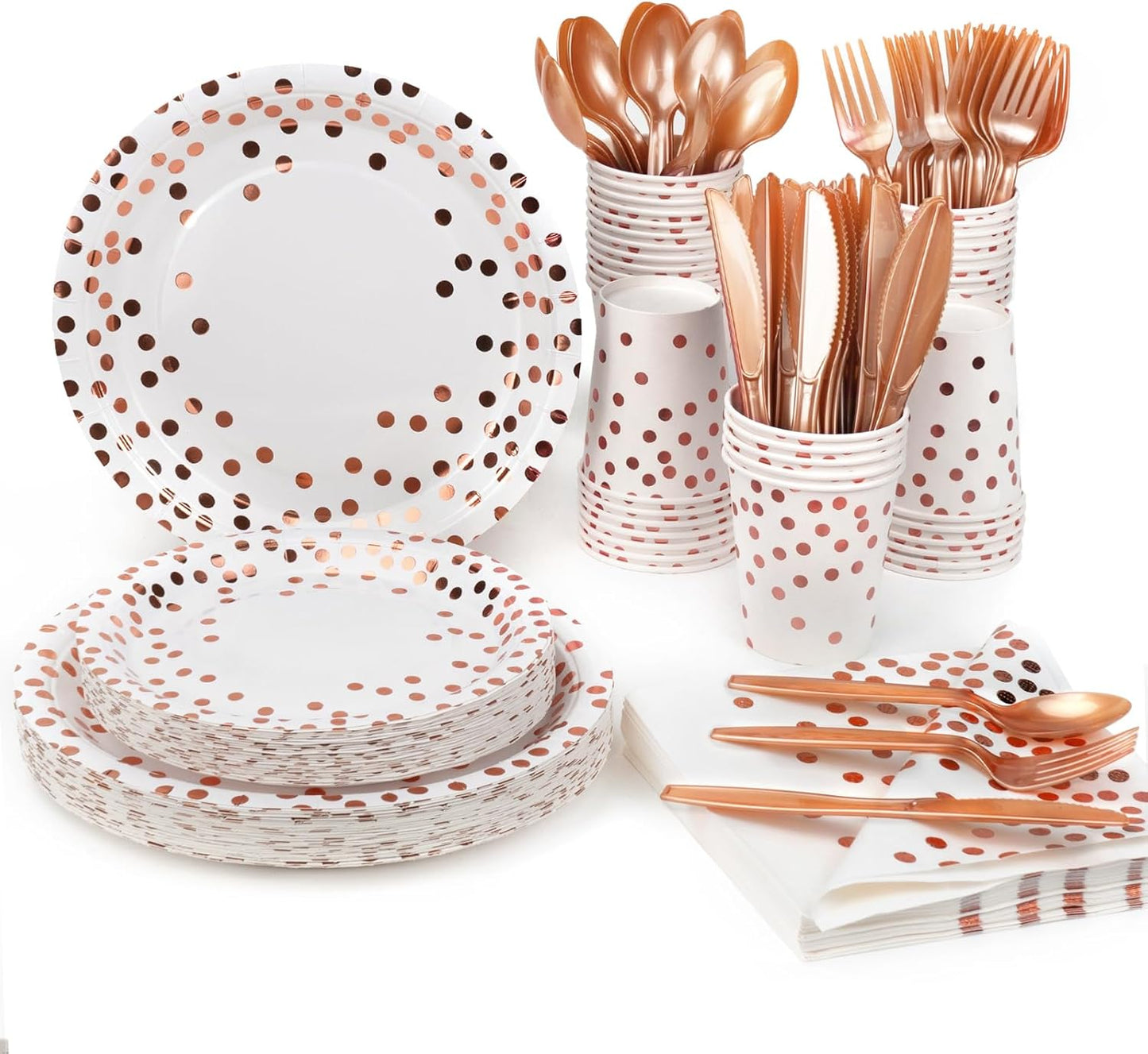 Party Supplies Set - 280 Pieces of White and Rose Gold Dot Paper Plates, Cups, Napkins, and Heavy Duty Silverware for 40 Guests for Birthdays, Graduation, Wedding, Festivals