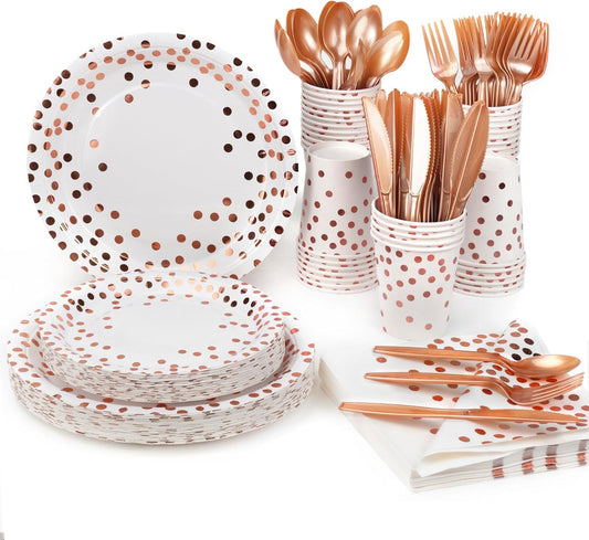 Party Supplies Set - 280 Pieces of White and Rose Gold Dot Paper Plates, Cups, Napkins, and Heavy Duty Silverware for 40 Guests for Birthdays, Graduation, Wedding, Festivals