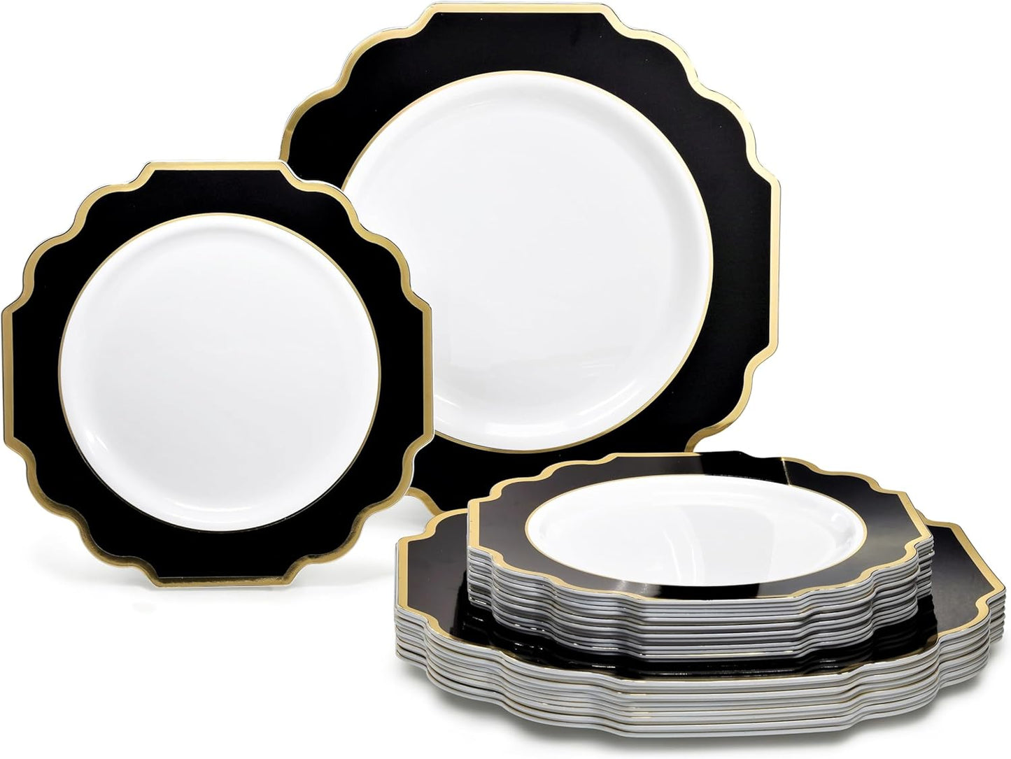 " OCCASIONS " 50 Plates Pack (25 Guests)-Heavyweight Wedding Party Disposable Plastic Plate Set -(25x10.5'' Dinner + 25x8'' Salad/dessert (Imperial in Black & Gold)