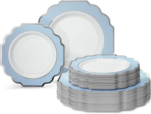 " OCCASIONS " 80 Plates Pack,(40 Guests) Heavyweight Premium Wedding Party Disposable Plastic Plates Set -40 x 10.5'' Dinner + 40 x 8'' Salad/Dessert (Imperial in White/Blue & Silver)