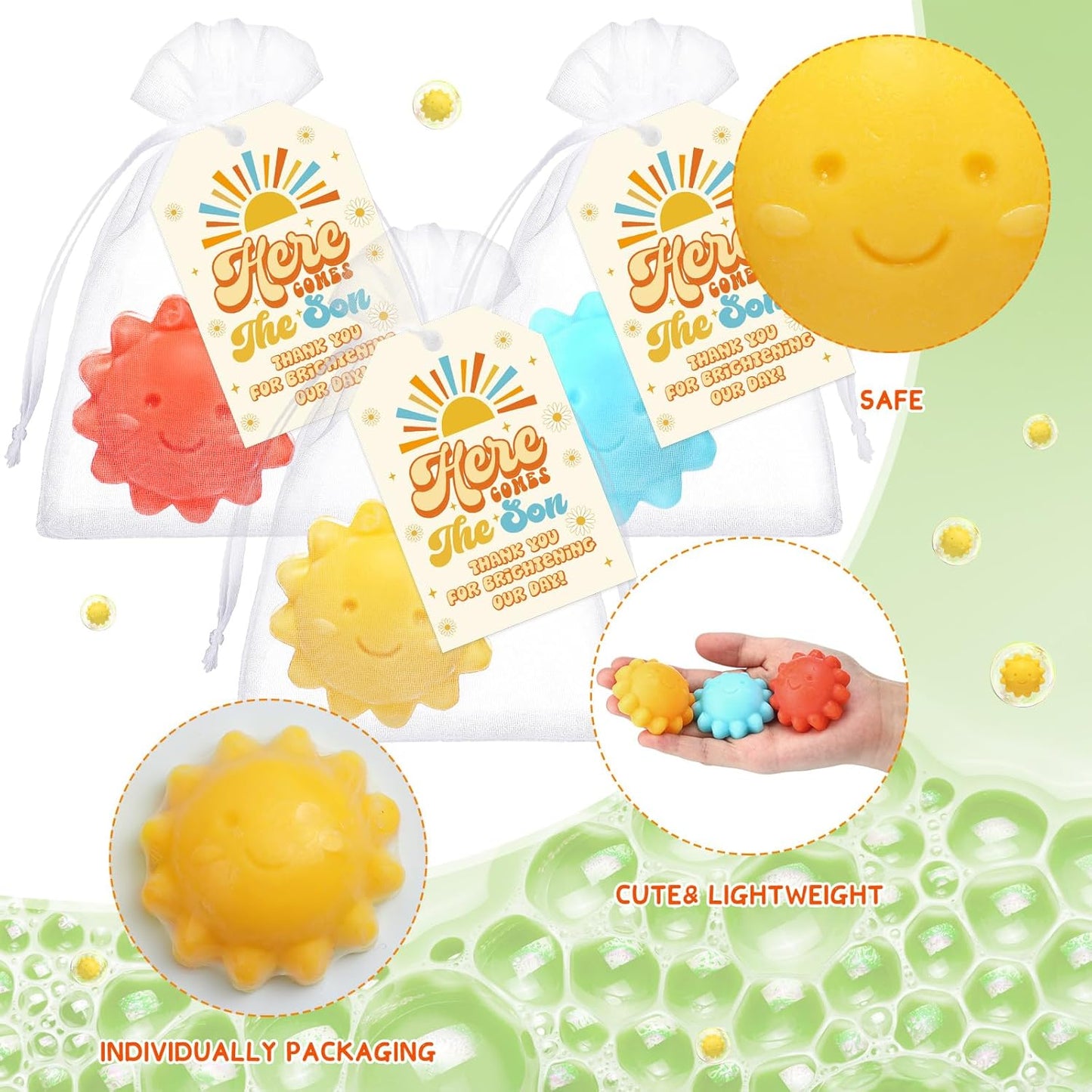 Loopeer 36 Sets Sun Soaps for Baby Shower Party Favors Mini Handmade Sunshine Soap Gifts with Thank You Card for Guest Gender Reveal Party Decor (Yellow, Blue, Orange)