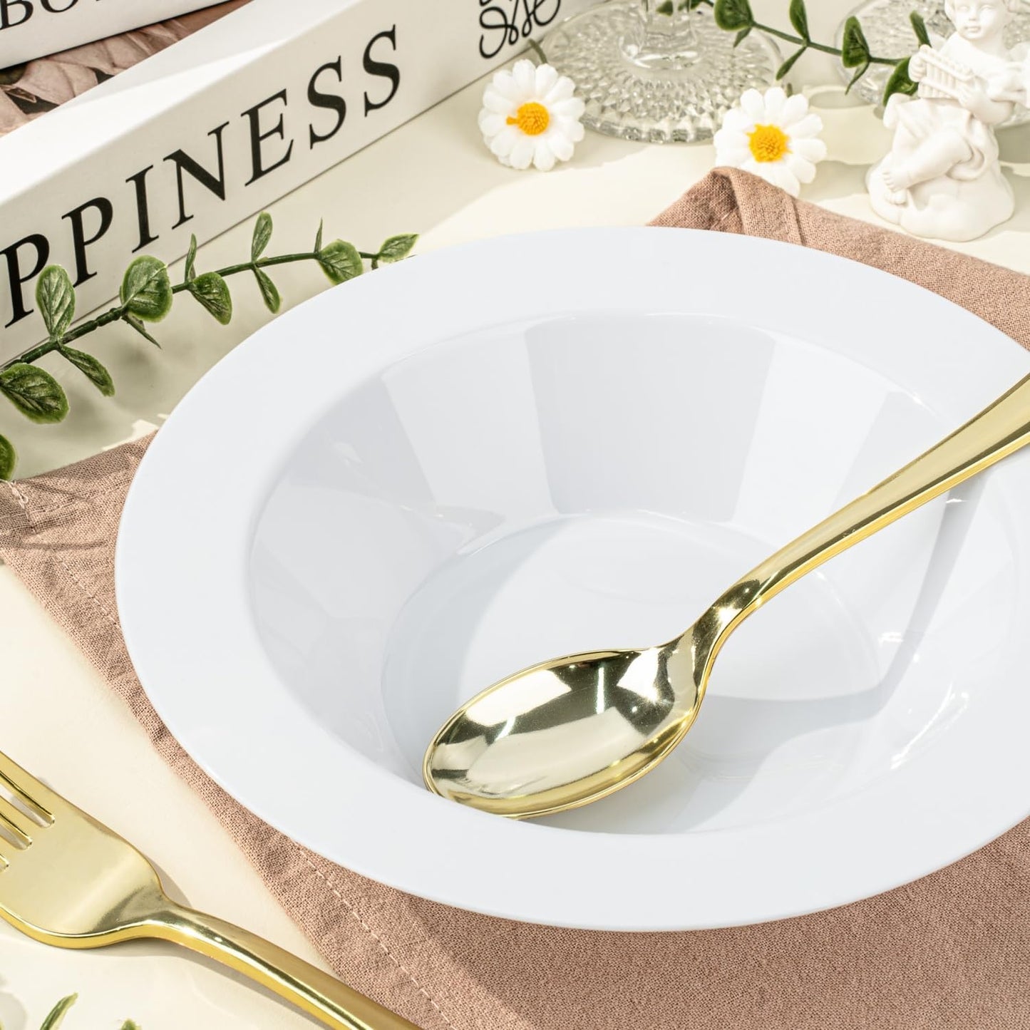 BESTVIP 50Pcs Plastic White Bowls, 12 Oz Disposable Bowls Disposable Bowls for Parties, Wedding, Christmas, Thanksgiving, Soak Proof Bowls for Breakfast, Lunch, and Dinner Meals