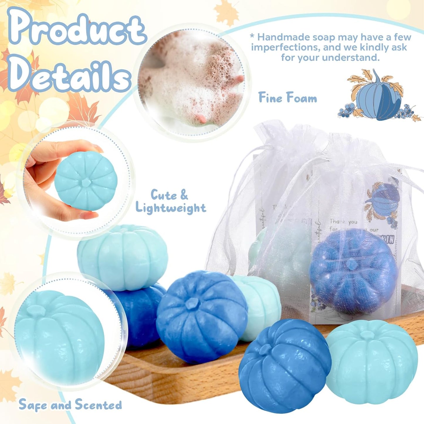 Liliful 50 Sets Pumpkin Soap Baby Shower Favors Thanksgiving Fall Favors for Bridal Shower Wedding Party Decorations 50 Little Pumpkin Soaps 50 Thanks Cards 50 Organza Bags Gender Reveal Gift(Blue)