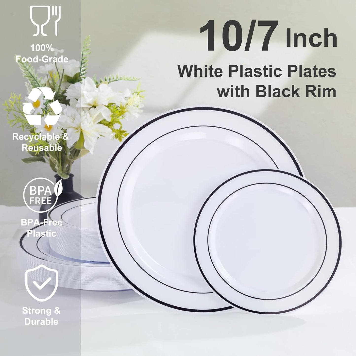 U-QE 100pcs Black Plastic Plates for Party - Black Plates Disposable Heavy Duty - Include 50 10" Dinner and 50 7" Dessert Plate, Fancy Plastic Plates for Wedding, Party, Birthday