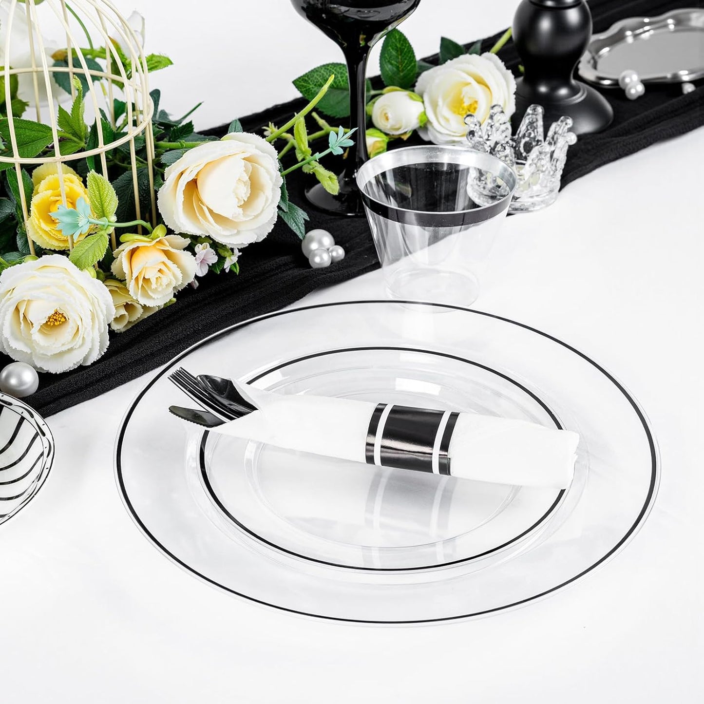 SUT 175 Pcs Black and Clear Plastic Dinnerware Set for 25 Guests, Include: 25 Dinner Plates, 25 Dessert Plates, 25 Pre Rolled Napkins With Silverware, 25 Cups, Disposable Plates for Party