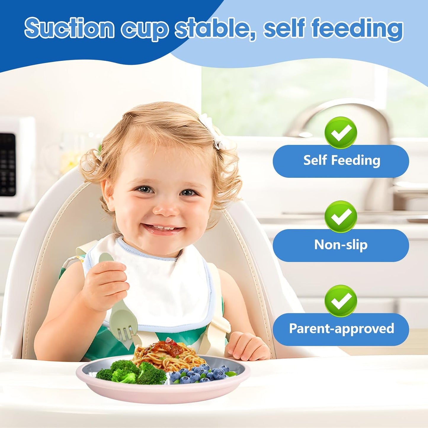 Stainless Steel Kids Plates with Suction (4 Pack, Multicolor) –9 Inch Divided Toddler Plates with Extra-Large One-Piece Silicone Suction Base | Dinner & Snack Plates | BPA-Free