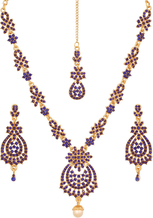 Touchstone Indian jewelry sets for women maang tikka wedding guest gold necklace bollywood jewellery set pageant elegant prom bride accessories western crystal chunky rhinestone necklaces