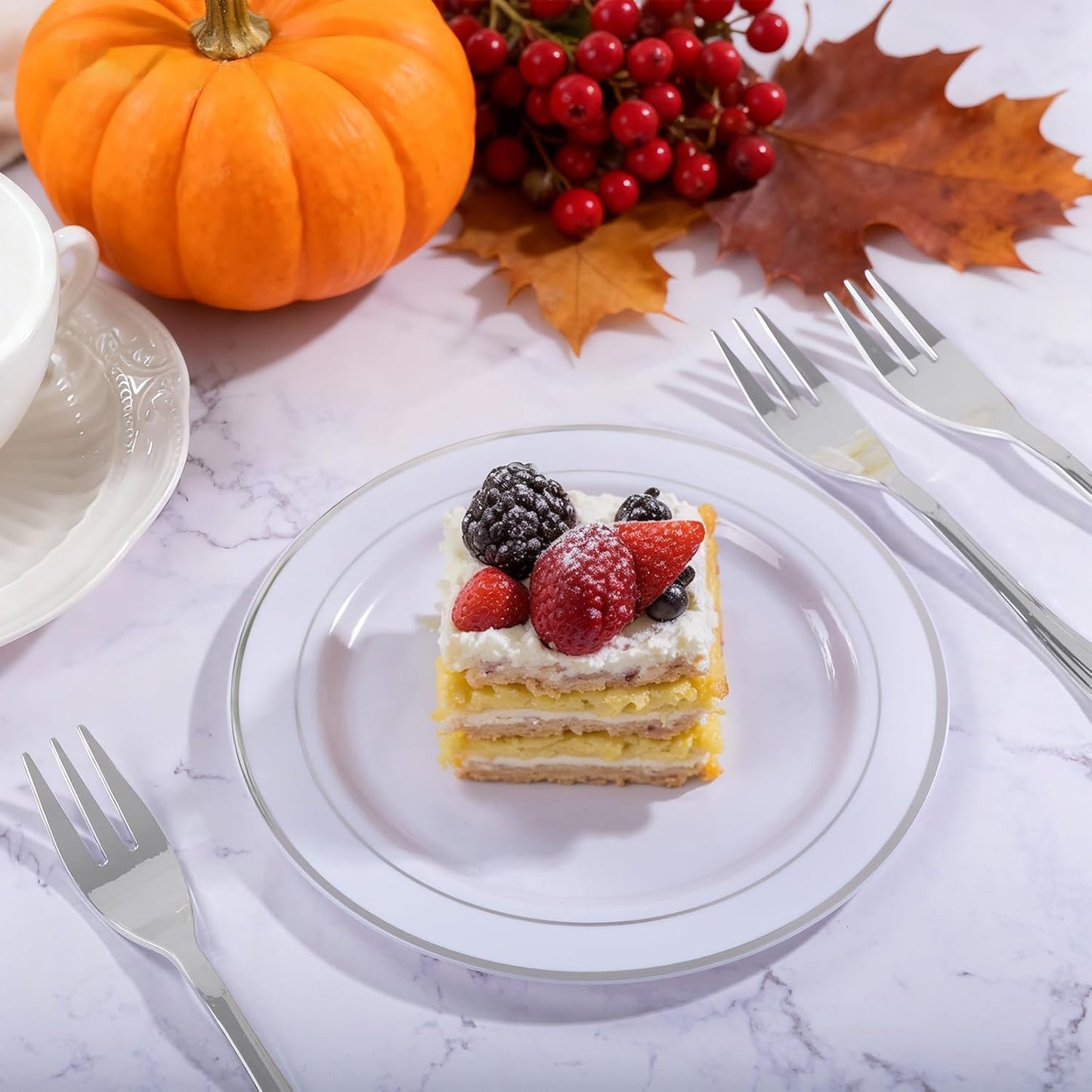 WELLIFE 240PCS Silver Plastic Dessert Plates - Includes 120PCS Silver Forks, 120PCS 6.3 Inch Salad & Appetizer Plates - Perfect for Weddings & Parties