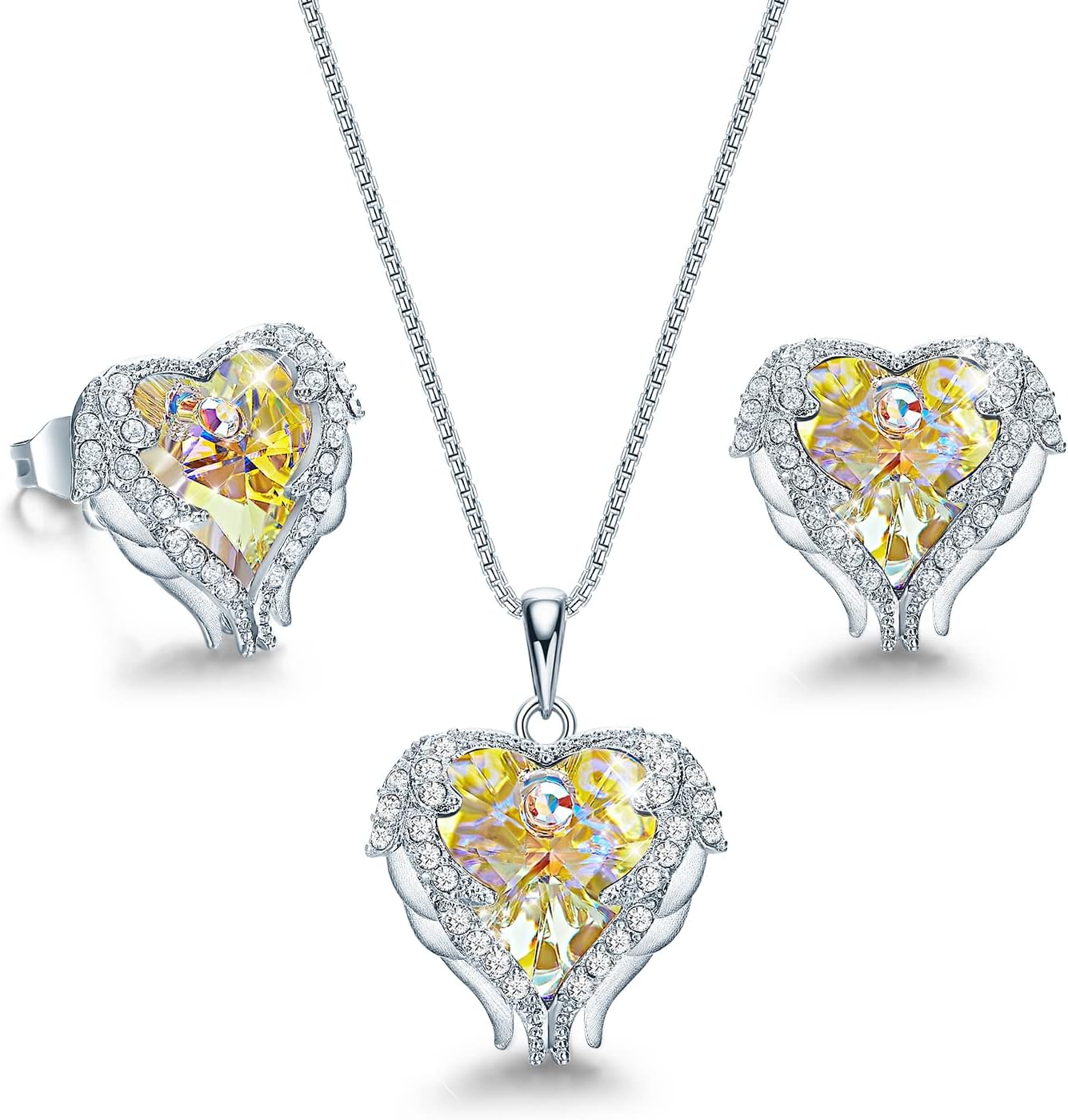 CDE Mothers Day Jewelry Set for Women, Angle Wing Heart Pendant Necklaces and Earrings with Birthstone， Birthday/Anniversary Christmas Jewelry Gift for Women Wife Her
