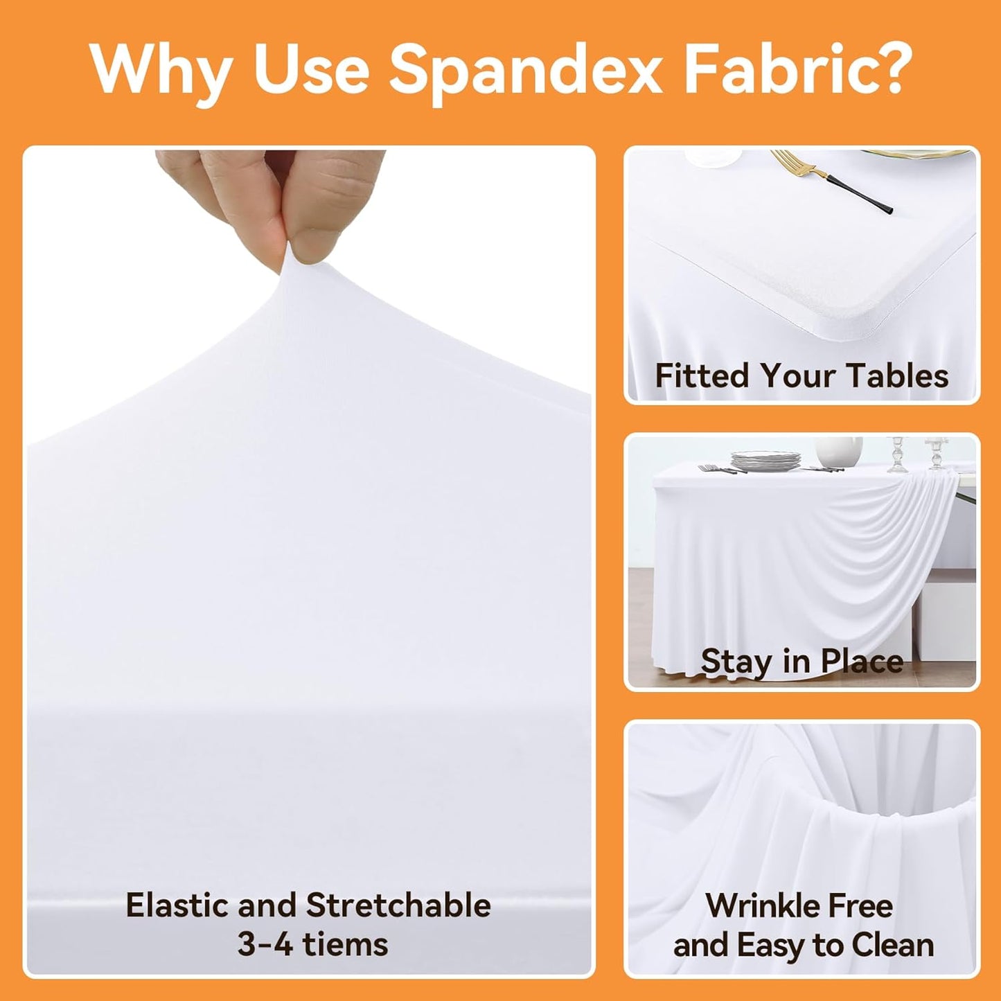 NSSONBEN 6 Pack White Spandex Tablecloth for 6 Foot Rectangle Tables,Wrinkle Free High Stretch Fitted Table Cloths 6ft, Elastic Spandex Table Covers 6ft with Pleats Skirt for Party Wedding Banquet