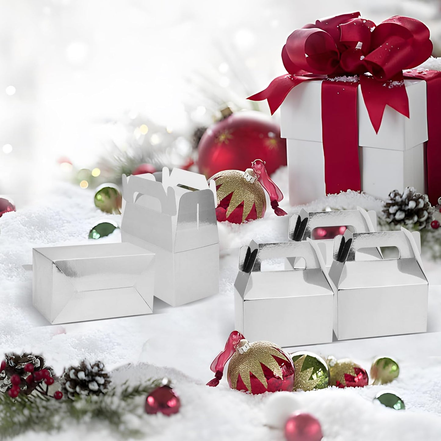 XAGLVV 24 Pcs Silver Party Favor Box, 6.2 * 3.5 * 3.5 Inch Gable Box,Treat Box Party Favor with Handles,Goodie Boxes for Kids Birthday,Wedding, Classroom Activity, Babyshower