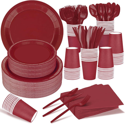 TWOWYHI 228PCS Burgundy Party Supplies Set Include Paper Plates Cups Paper Napkins Plastic Spoons Forks Knives for 30 Guests Disposable Party Dinnerware for Birthday Wedding Family Picnic