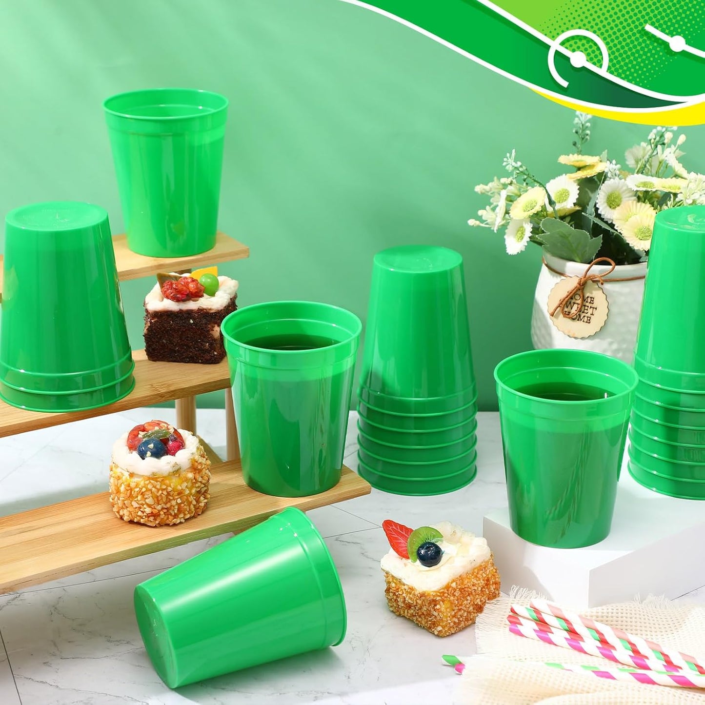 Yungyan 50 Pack 16oz Stadium Cups Reusable Plastic Cups Blank Drink Tumblers for Parties, Events, DIY Projects, 4.5 x 3.54 x 2.72 Inch (Forest Green)