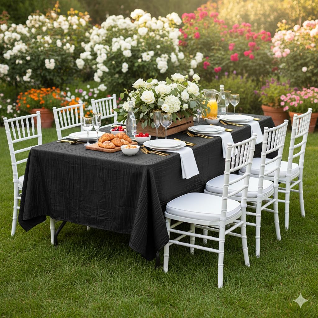 YOUR CHAIR COVERS - 60 x 102 inch Rectangular Crinkle Taffeta Tablecloth - Black, Rectangle Table Linens for 6 ft Rectangular Tables, Wedding Crushed Table Cloth