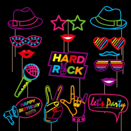 16 Pcs Glow Neon Photo Booth Props with Stick Fluorescent Neon Party Supplies for Birthday Disco Black Light Party ﻿