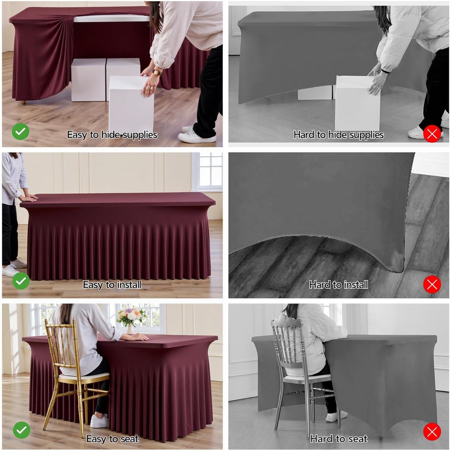 leegleri 6 Pack Burgundy Spandex Table Clothes for 6 Foot Rectangle Tables, Wrinkle Free Fitted Table Cloth 6ft Stretch Tablecloths for Parties Weddings Birthday Banquet Baby Shower