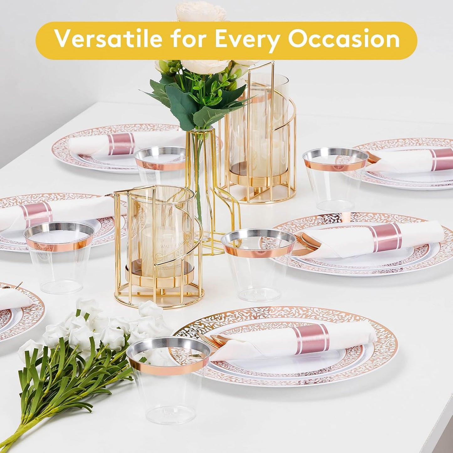 Goodluck 350 Piece Rose Gold Plastic Dinnerware Set for 50 Guests, Disposable Lace Plates for Party, Include: 50 Rose Gold Party Plates, 50 Dessert Plates, 50 Pre Napkins with Silverware, 50 Cups