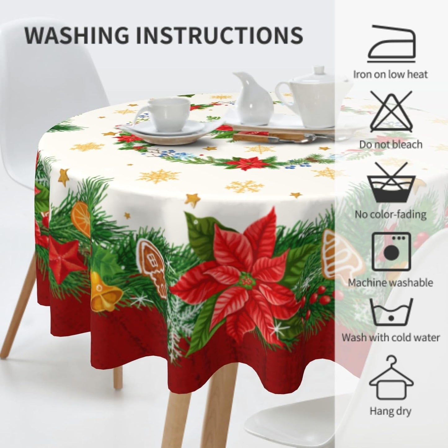 Giwawa Christmas Tablecloth 60 Inch, Winter Poinsettia Floral Round Table Cloth, Xmas Snowflake Holly Berry Table Cover for Kitchen Dining Decor, Waterproof Reusable Tablecloths for Holiday Party