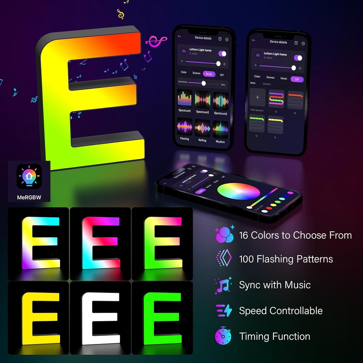 Light Up Letters Marquee Letter - Music Sync RGB Color Changing LED Lights Letter Logo Game Lights for Girls Women Party Birthday Christmas Valentine's Day Wall Desktop Decoration (MRGB-E)