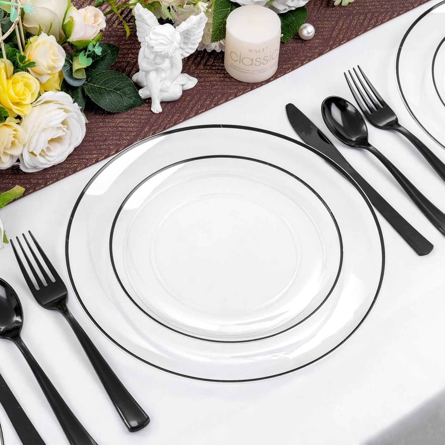 LIYH 60 Pcs Black Plates Disposable for Party Halloween Plates - Clear and Black Disposable Plate Includes 30 Dinner 10.25" & 30 Appetizer/Dessert Plate 7.5" for Wedding Halloween Day