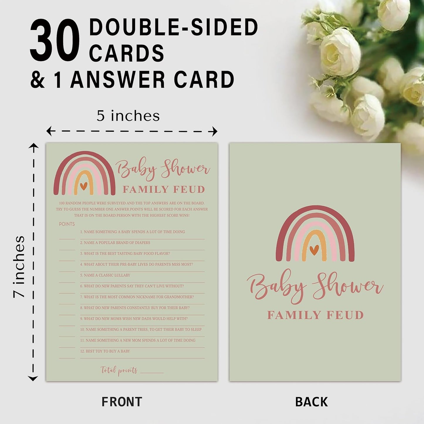 Baby Shower Family Feud Game - 30 Cards, Answer Key, Rainbow Decorations for Boy & Girl, Feud Supplies-05B-Atrovirens