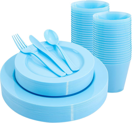 KIRE 150 Piece Blue Plastic Plates Disposable - Blue Dinnerware Set Includes 25 Dinner Plates, 25 Salad Plates, 25 Utensils Set 25 Clear Cups for Birthday/Picnic/Baby Shower